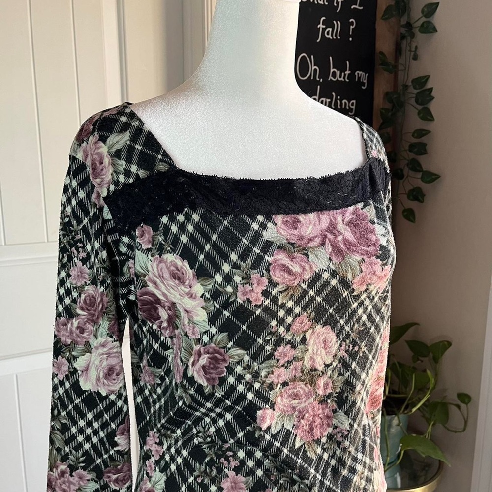 japanese brand‎ rosa cheri lace plaid rose long sleeve top